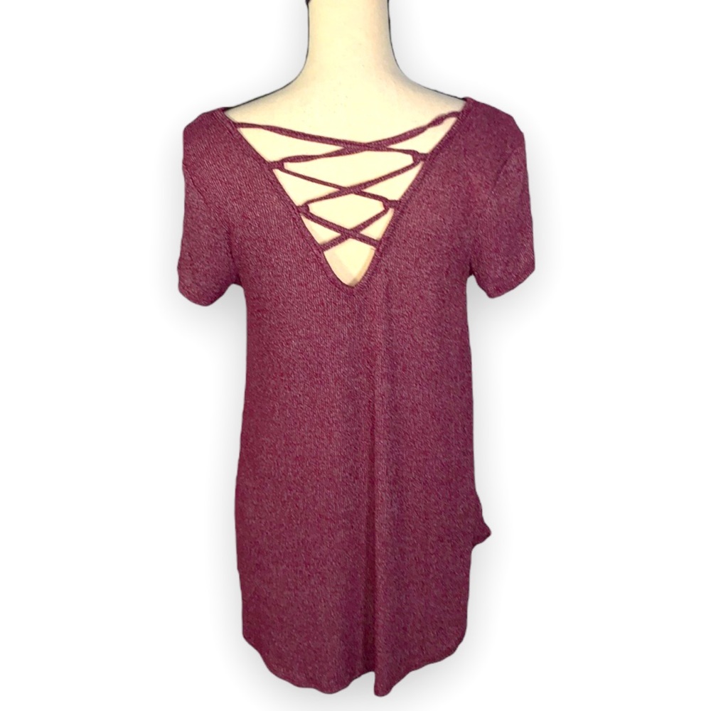 Pink Republic Marled Lattice Back Short Sleeve Tee Dark Cherry Medium NWT